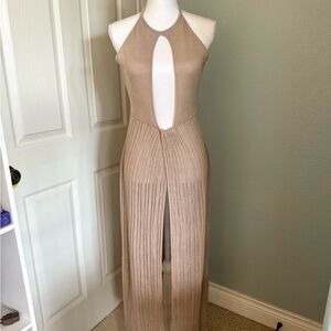 Neutral, tan, beige knit dress, crochet dress, with cutout, slip, maxi dress